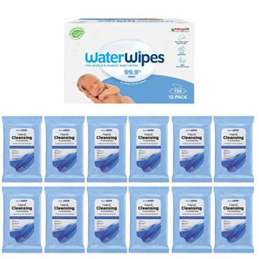 WaterWipes 12pk and Biomiracle Hand Wipes 20pk x 12 Bundle