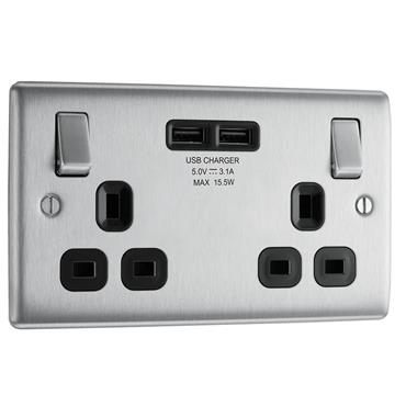 Luceco 2G Switched Socket Usb Brush Steel