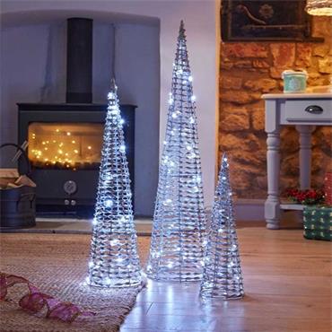 Led Glitter Twist Cone Tree Silver Set Of 3