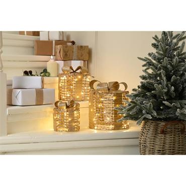 Festive Set Of 3 Led Lit B/O Gold Parcels