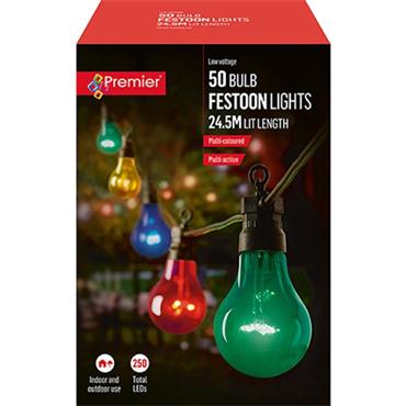 Premier Festoon Lights 50 Led Multi Col 24.5M