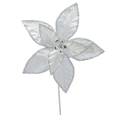64cm white poinsettia with silver sequins stem