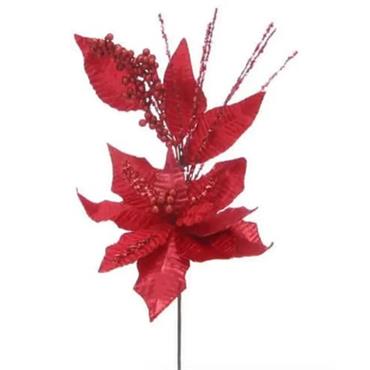 Poinsettia With Leaves Spray Red 69cm