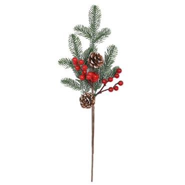 43CM SNOWY PINECONES/RED BERRIES STEM