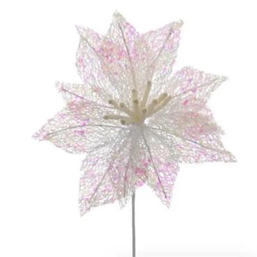 53CM WHITE POINSETTIA WITH SEQUINS STEM