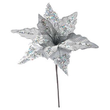 40CM SILVER POINSETTIA WITH SEQUINS STEM