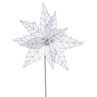 White Velvet Poinsettia Silver Glitter Pick 5
