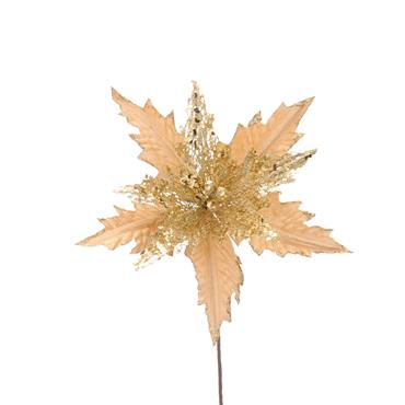 Gold Poinsettia With Sequence Holly Stem 55cm