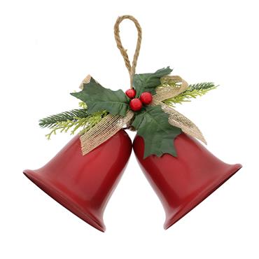 Red Twin Metal Bells With Green Holly Leaves