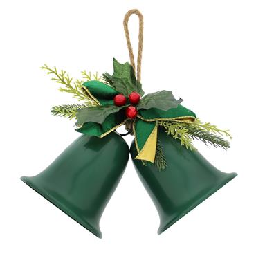 Green Twin Metal Bells With Green Holly Leaf