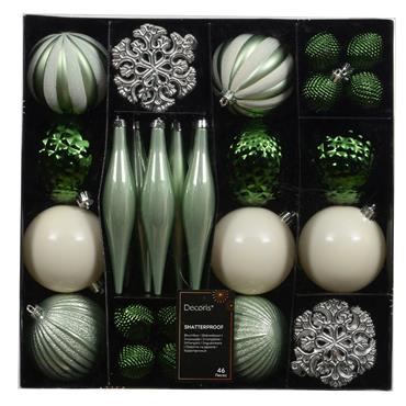 DECORIS GREEN WHITE SHATTERPROOF BAUBLES 46PK