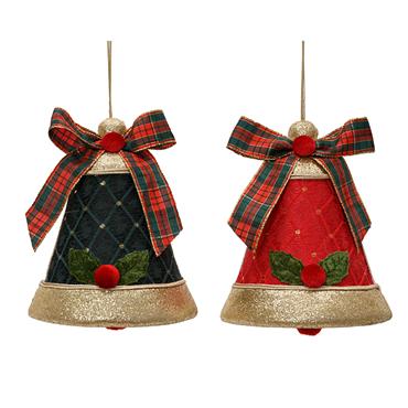 Tartan Velvet Bell Bauble With Bow 2 Ast 15cm