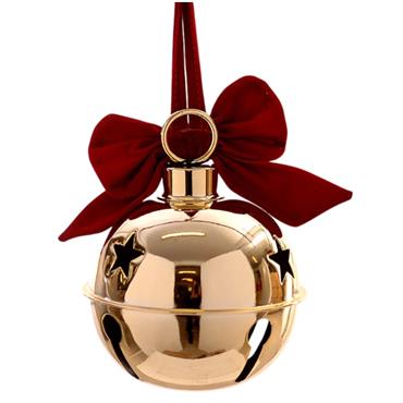Metal Gold Jingle Bell Bauble With Bow 14cm