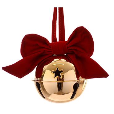 Metal Gold Jingle Bell Bauble With Bow 10cm
