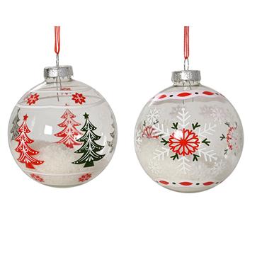 Decoris Glass Transparent Snow Bauble 8cm Ast