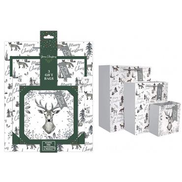 Green Christmas Silver Deer Gift Bags 3 Pack