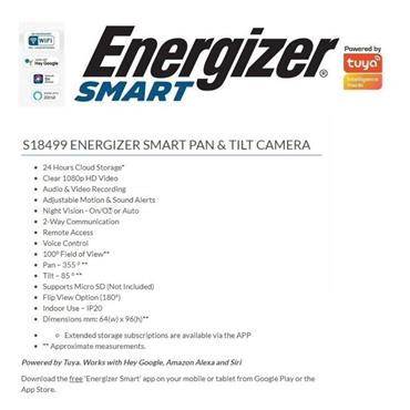 ENERGIZER SMART WIFI PAN & TILT INDOOR CAMERA