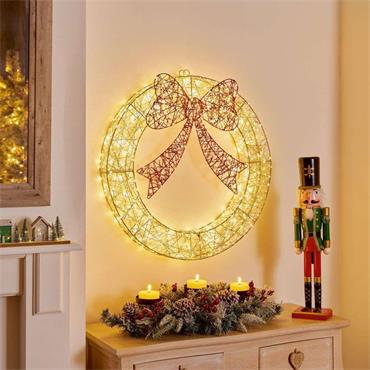50CM LIT GOLDEN ELEGANCE WREATH WITH RED BOW
