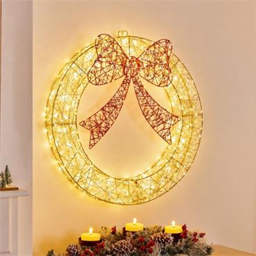 70CM LIT GOLDEN ELEGANCE WREATH WITH RED BOW