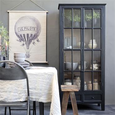 ANTIQUE BLACK DISPLAY CABINET WITH GLASS DOORS AND DRAW