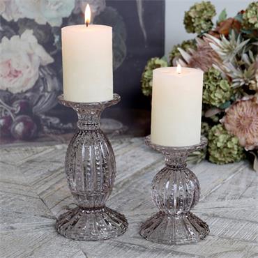 TAUPE GLASS CANDLESTICK WITH PEARL EDGE H14CM