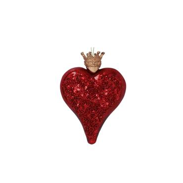 12CM RED GLITTER GLASS HEART WITH CROWN