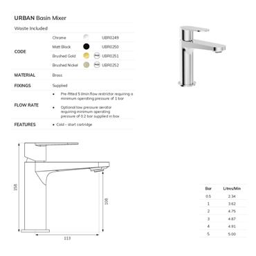 URBAN BRUSHED GOLD BASIN MIXER INC WASTE
