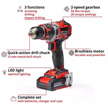 Einhell 18V Combi Drill with 2 x 2Ah Li-Ion Batteries