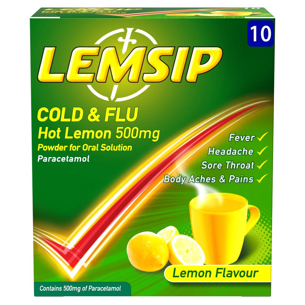 Lemsip Cold and Flu Hot Lemon 500mg 10 Sachets