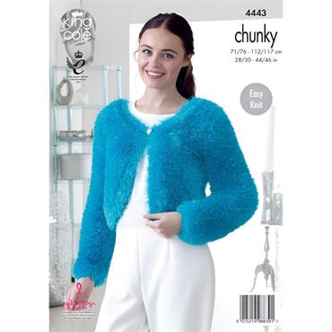 King Cole Pattern 4443 V & Round Neck Boleros in Tinsel Chunky