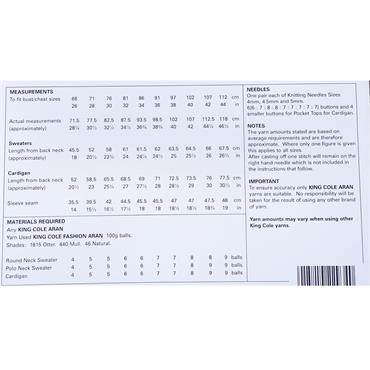 King Cole Pattern 4551 Fisherman's Rib Aran Sweaters and Cardigan