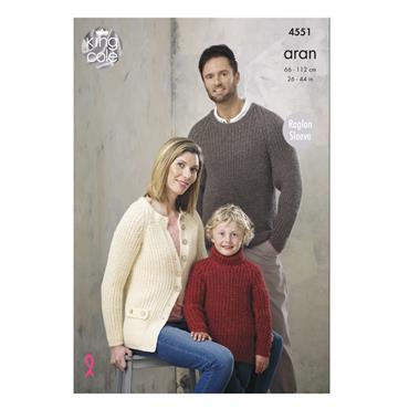 King Cole Pattern 4551 Fisherman's Rib Aran Sweaters and Cardigan