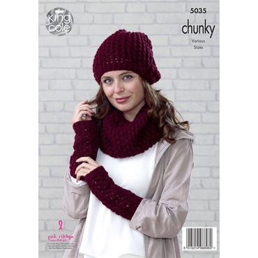 Pattern #5035 Beanie, Scarf, Mittens, Snood, Slouchy Hat & Wrist Warmers in Chunky