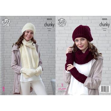 Pattern #5035 Beanie, Scarf, Mittens, Snood, Slouchy Hat & Wrist Warmers in Chunky