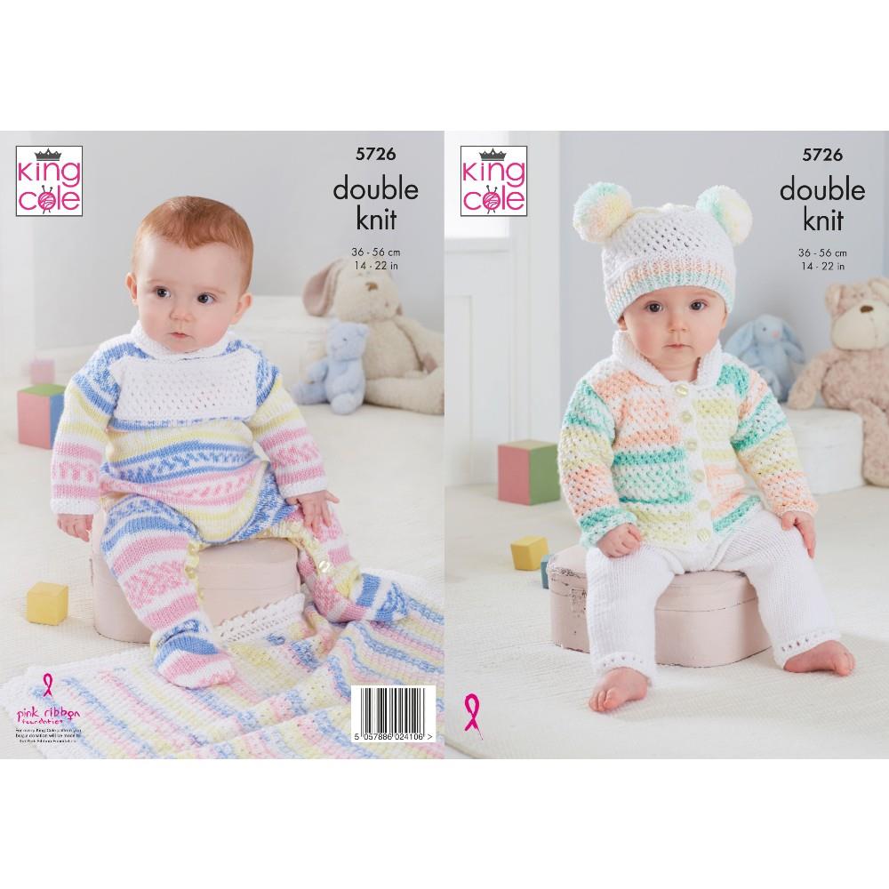 King Cole Pattern 5726 Cardigan, Trousers, Hat, Onesie & Blanket in
