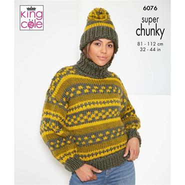 King Cole Pattern 6076 Cardigan, Sweater, & Hat in Big Value Super Chunky