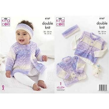 King Cole Pattern 6167 Coat, Cardigan, Gilet and Headband in Cutie Pie DK
