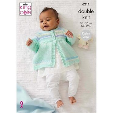 King Cole Pattern 6211 Cardigan, Sweater, Matinee Coat & Hat in Cherish DK and Cherished DK