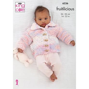 King Cole Pattern 6236 Babies Hooded Jacket, Collared Cardigan & Waistcoat in Fruitilicious