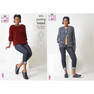 King Cole Pattern 6316 Sweater and Cardigan in Yummy Tweed