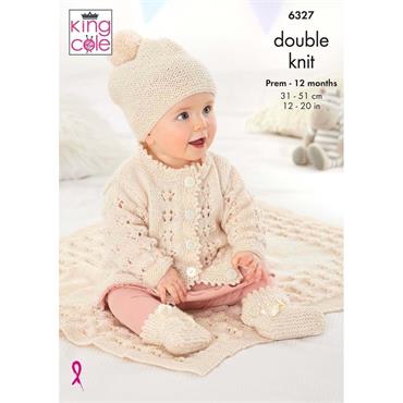King Cole Pattern 6327 Matinee Coat, Cardigan, Hats, Bootees and Blanket in Glitz DK