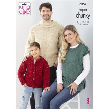 King Cole Pattern 6357 Sweater, Cardigan and Top in Big Value Super Chunky Tweed