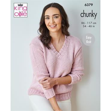 King Cole Pattern 6379 V Neck Sweater and Top in Simply Denim Chunky