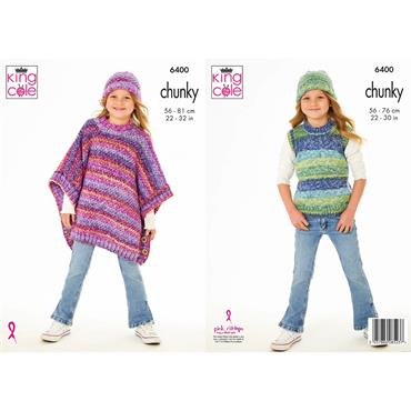 King Cole Pattern 6400 Poncho, Slipover and Hats in Hedgerow Chunky