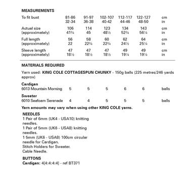 King Cole Pattern 6430 Cardigan and Sweater in Cottagespun Chunky