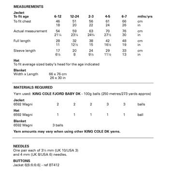 King Cole Pattern 6459 Jacket, Hat & Blanket in Baby Fjord DK