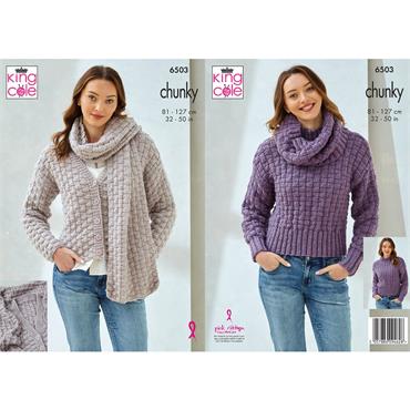 King Cole Pattern 6503 Cardigan and Sweater with Cowl in Chunky