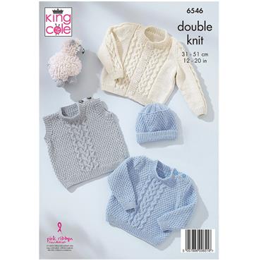 King Cole Pattern 6546 Slipover, Cardigan, Sweater and Hat knitted in Little Lamb DK