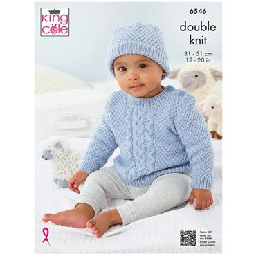 King Cole Pattern 6546 Slipover, Cardigan, Sweater and Hat knitted in Little Lamb DK