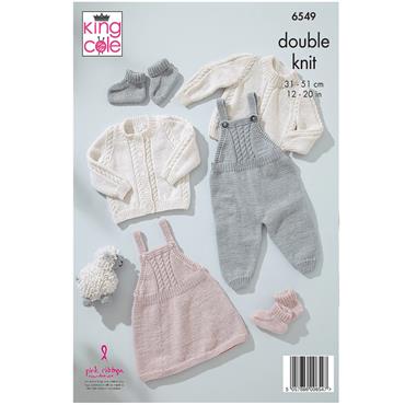 King Cole Pattern 6549 Dungarees, Pinafore, Sweater, Cardigan and Bootees knitted in Little Lamb DK